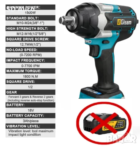 Безчетков Акумулаторен Гайковерт GISAM 1800 Nm, снимка 3 - Други инструменти - 48480101