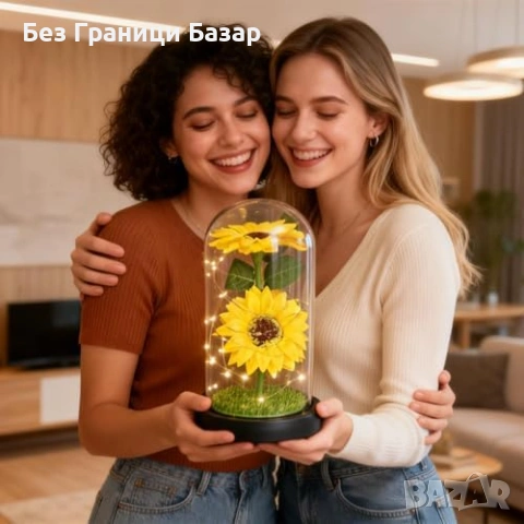 Нов Декоративен Вечен слънчоглед в стъклен купол с LED светлина подарък за майка жена баба, снимка 2 - Декорация за дома - 54057288