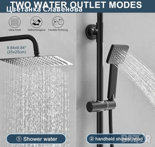Душ система с термостат, тип „тропически дъжд“ 25 x 25 см, предпазно заключване 38°C, матово черно