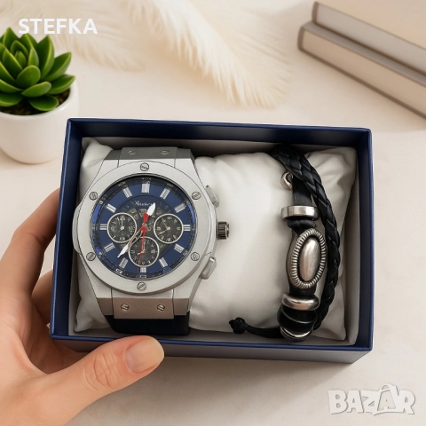 Стилен мъжки подарък – часовник и гривна в комплект, снимка 2 - Мъжки - 52991807