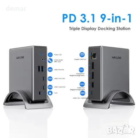 Докинг станция WAVLINK USB-C за 3 монитора, 2 DisplayPort, HDMI, зарядно 140 W, снимка 2 - Други стоки за дома - 56011799