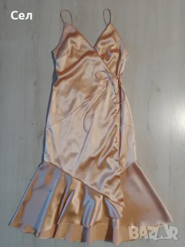 Бежова сатенена рокля С, снимка 4 - Рокли - 49774172