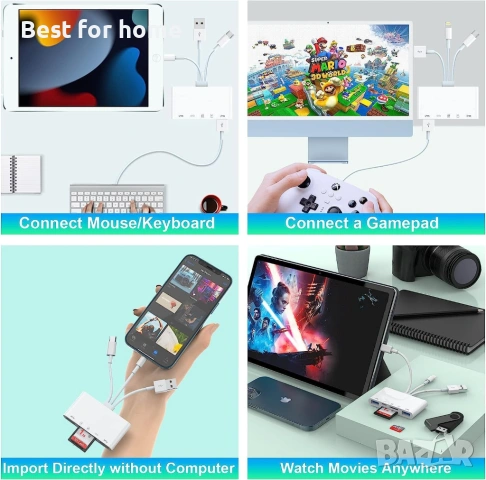 5-в-1 Мултифункционален Адаптер и Четец на Карти – Lightning + USB-C + USB 3.0 за iPhone, Android и , снимка 9 - Друга електроника - 53275605