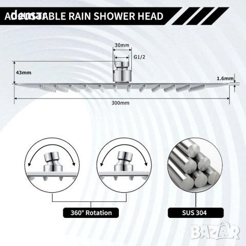 Душ глава тип „Rain“ квадратна 30x30 см - фиксирана душ глава от неръждаема стомана 304, хром, снимка 3 - Душове - 53961083