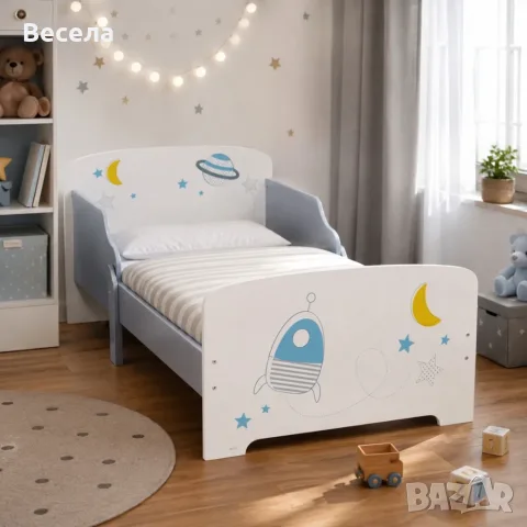 Детско легло Космос 140x70 см с ламелна основа – Бяло легло с пленети, звезди и ракета, снимка 2 - Мебели за детската стая - 56005451