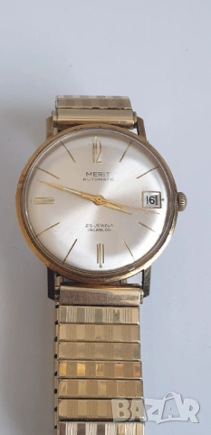 Позлатен мъжки механичен часовник Merit, снимка 2 - Антикварни и старинни предмети - 54126607