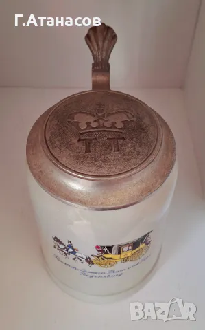 Старинна немска керамична халба с гравиран калаен капак на марката бира T & T , снимка 3 - Антикварни и старинни предмети - 49267520