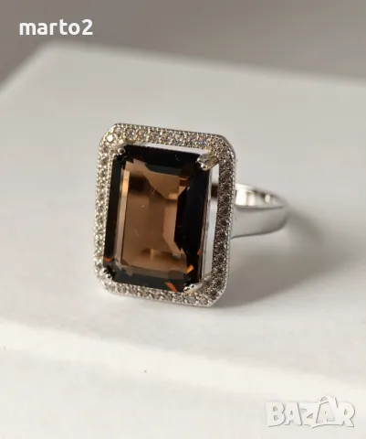 Красив сребърен 925 Пръстен с Натурален Раух Топаз (Опушен Кварц) и Циркони!, снимка 3 - Пръстени - 42062811