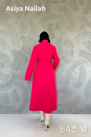 Дамско дълго палто с колан в цвят циклама – елегантен модел, снимка 4 - Палта, манта - 52792497