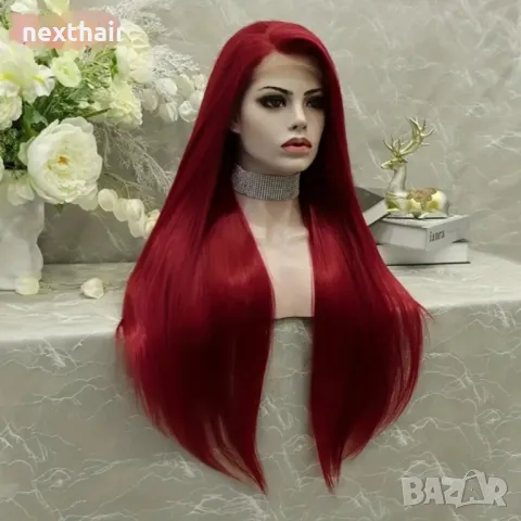 Тъмно червена бордо синтетична перука с дантела лейс фронт, снимка 4 - Аксесоари за коса - 49316459