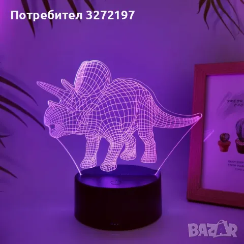 Холограмна 3D LED лампа-Трицератопс,RGB Седемцветен Интелигентен Контрол,USB, снимка 5 - Настолни лампи - 49576898