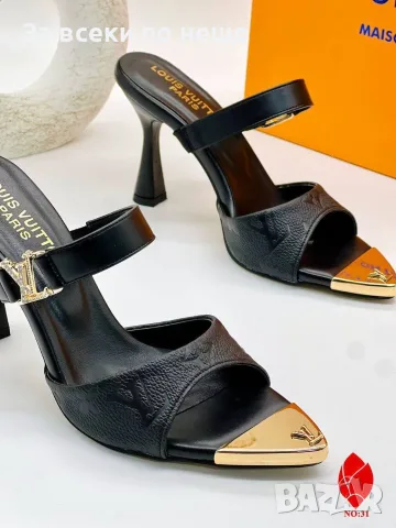 Louis Vuitton Луксозни Дамски Чехли На Висок Ток С Отворени Пръсти И Златисто Лого Код SEM-349, снимка 3 - Чехли - 55808582