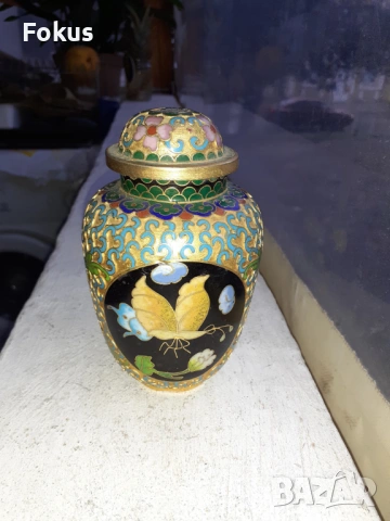 Клоазоне cloisonne клетъчен емайл бронз ваза буркан, снимка 6 - Антикварни и старинни предмети - 53335704