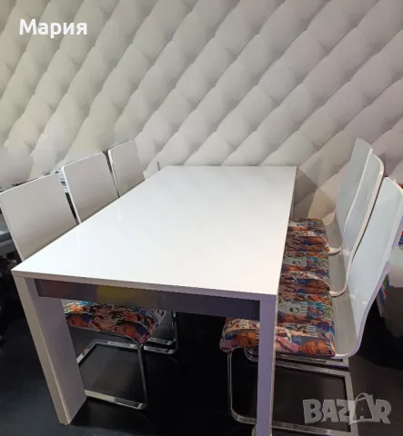 Масивна трапезна маса МДФ бял гланц с 6 стола, снимка 1