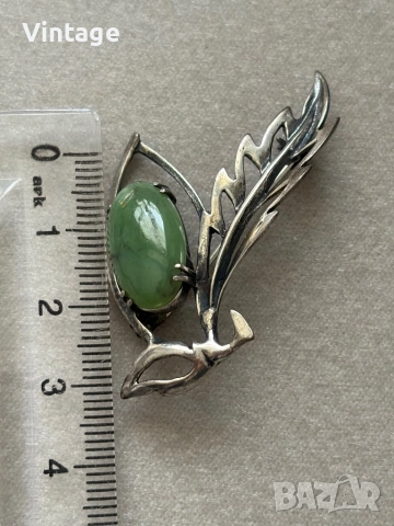 Старинна сребърна брошка с естествен рядък камък Нефрит, снимка 7 - Колиета, медальони, синджири - 54223525