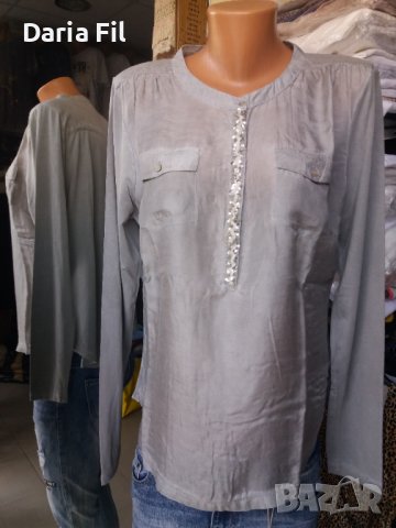 Сиво-зелена риза/блуза с джобчета и пайети около деколтето , снимка 1