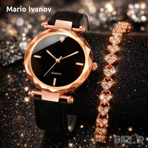 Елегантен дамски комплект часовник и гривна с розово злато, снимка 3 - Бижутерийни комплекти - 53177428