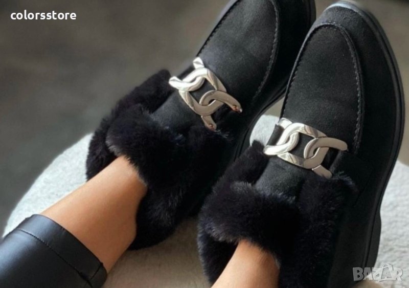 Равни боти - черен велур с черен ЕСТЕСТВЕН пух - TJ20, снимка 1