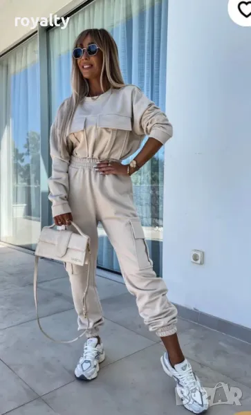 ПРОМОЦИЯ  Спортен сив комплект карго панталон и блуза с джобове, снимка 1