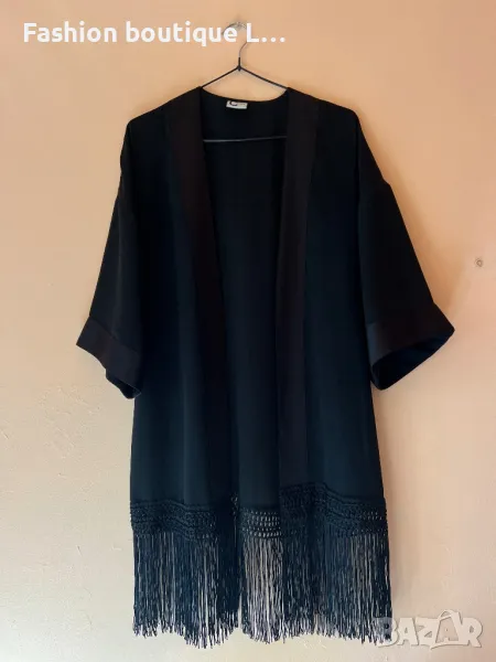 Черно сатенена дамско кимоно с ресни овърсайз модел 🖤, снимка 1