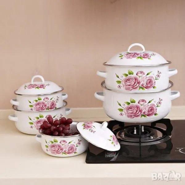 Комплект 5 бр. емайлирани тенджери с незалепващо покритите + капаци , снимка 1