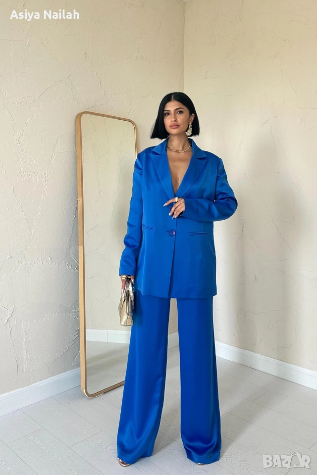 Дамски син костюм от две части – сако и панталон с ластик, снимка 1