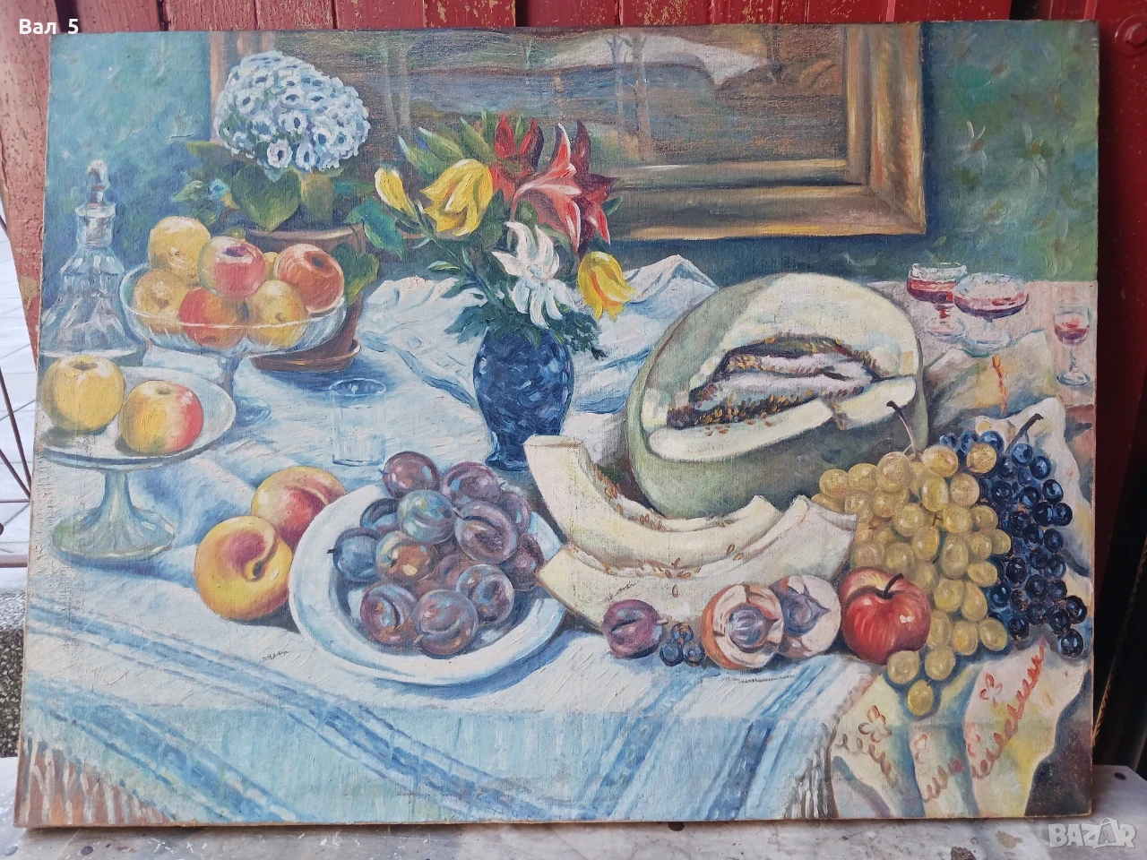 Стара картина , натюрморт - масло , платно , ГОЛЯМА, снимка 1