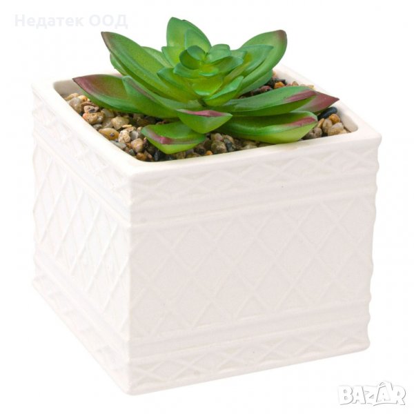 Изкуствен декоративен кактус в керамична бяла саксия, 12 см, снимка 1