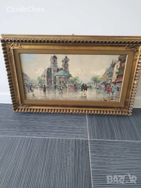 77х47см/абстрактна картина масло върху платно/градски пейзаж-пролет/барокова дървена рамка, снимка 1