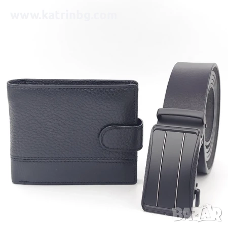 Стилен мъжки комплект естествена кожа в черно-Колан и портфейл, снимка 1
