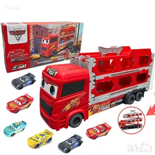 Автовоз с два катапулта, дълга писта и 2 метални коли Cars, снимка 1
