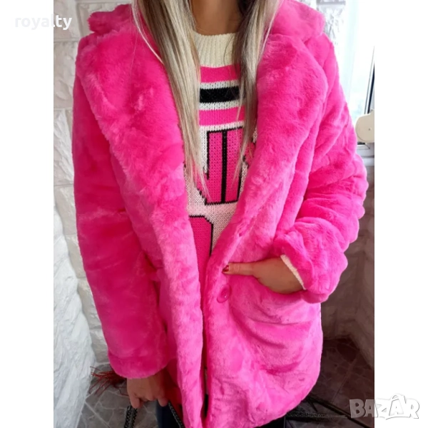 Плюшено дамско палто цвят циклама, снимка 1