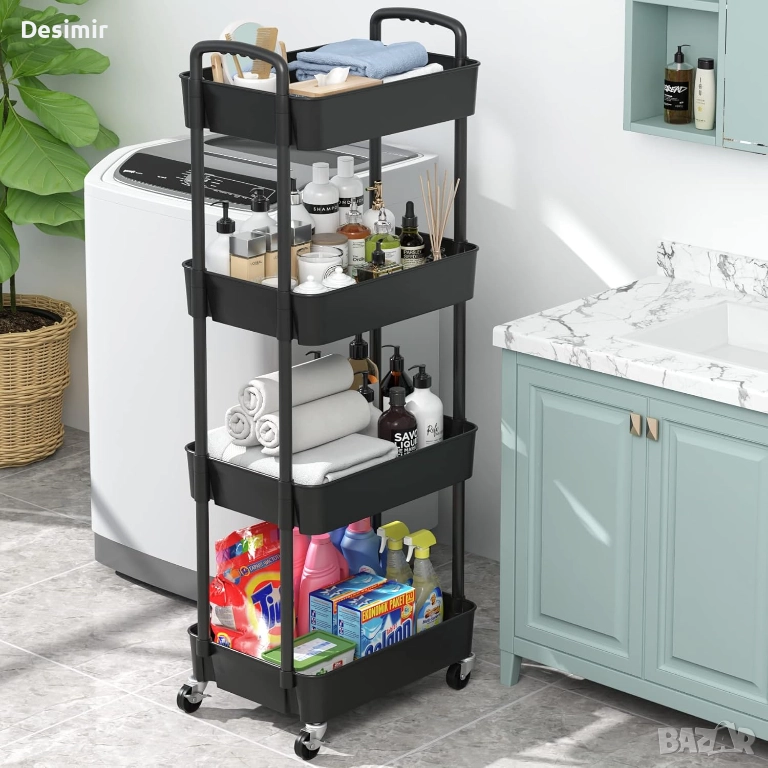 4-етажна кухненска количка Sywhitta с колелца – мултифункционална, черна, снимка 1