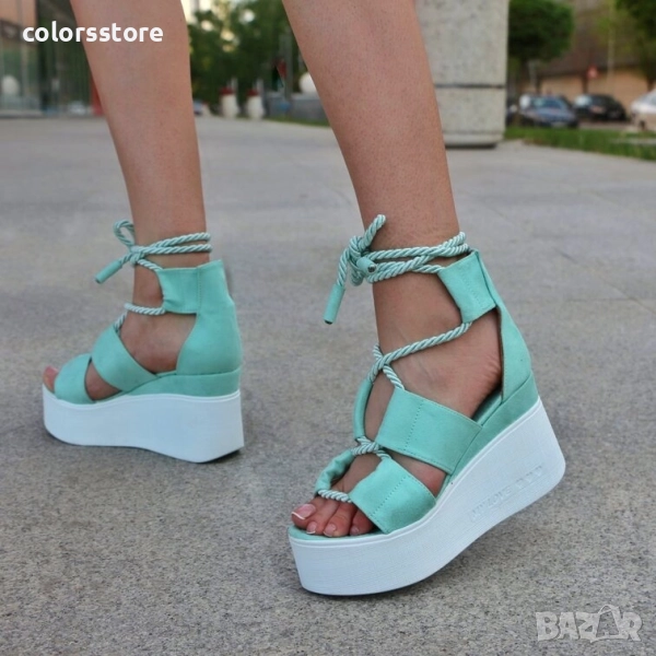 Сандали на платформа - мента велур с бяло ходило - 311

, снимка 1