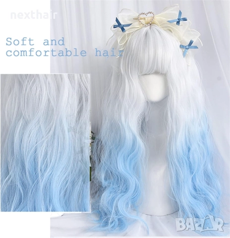 Чуплива аниме омбре перука бяла / синя, снимка 3 - Аксесоари за коса - 51731733