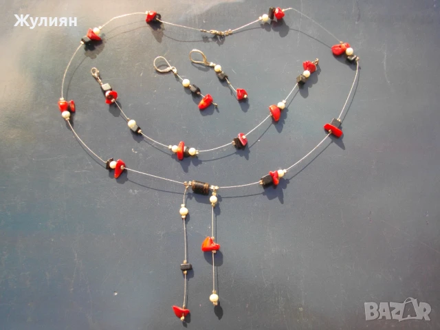 СРЕБЪРЕН КОМПЛЕКТ ГРИВНА ОБЕЦИ КОЛИЕ КОРАЛИ ПЕРЛИ , снимка 1