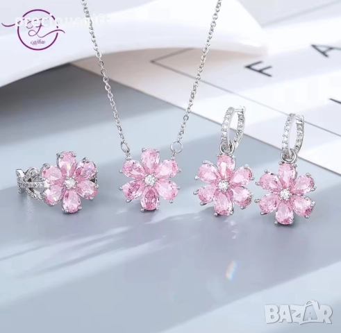 Комплект бижута от 3 части със сребърно покритие - колие, обеци и пръстен, снимка 2 - Бижутерийни комплекти - 52248573