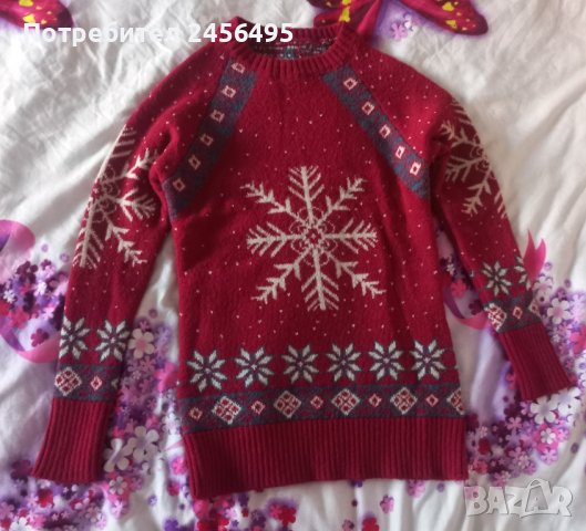 червен пуловер със снежинки. нов., снимка 1 - Блузи с дълъг ръкав и пуловери - 44444085