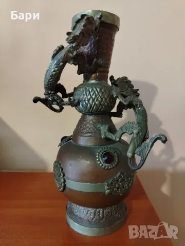 Антична китайска азиатска медна месингова драконова ваза от 19-ти век, снимка 3 - Други ценни предмети - 49840198