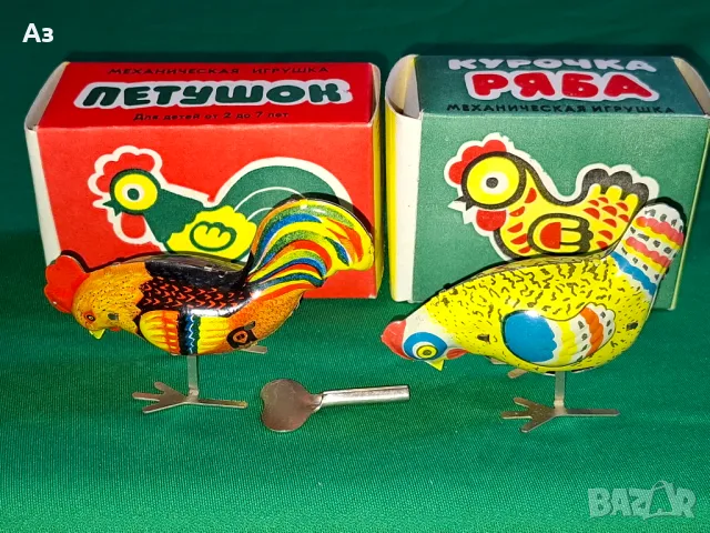 СССР 2 стари руски механични ламаринени играчки Петел и Кокошка Made in USSR