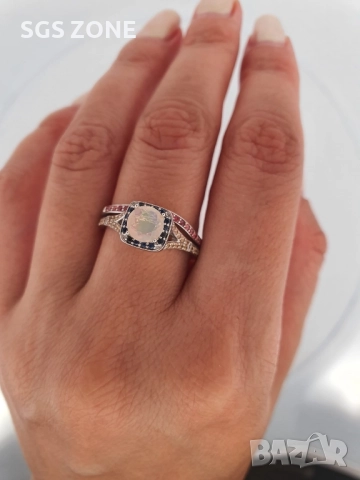 Двойни сребърни пръстени с опал и разпръснати сапфири, снимка 3 - Колиета, медальони, синджири - 52401231