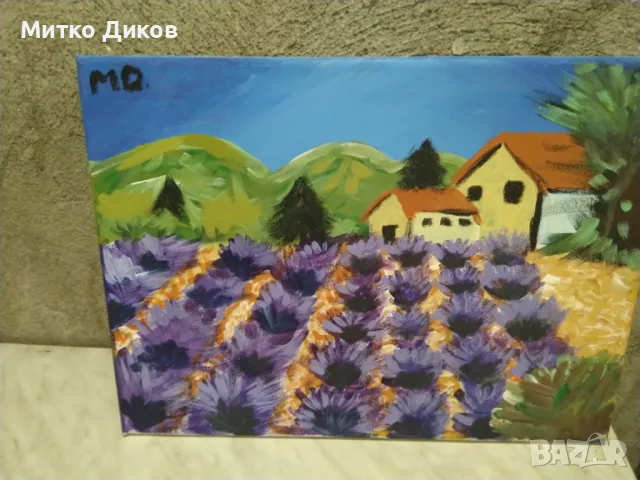 Картина Лавандулово поле 40х30см маслени бои подписана, снимка 8 - Картини - 49068619