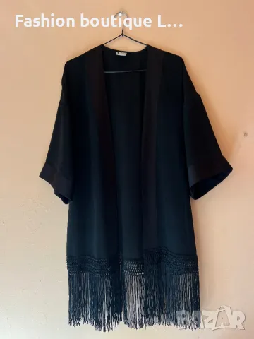 Черно сатенена дамско кимоно с ресни овърсайз модел 🖤