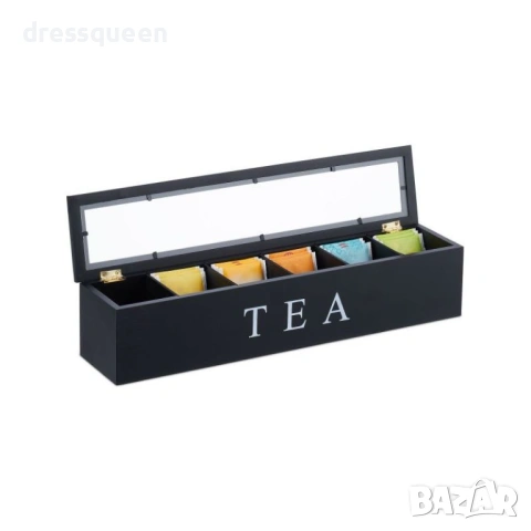 4662 Луксозна дървена кутия за чай с 6 отделения и прозрачен капак – Черен мат