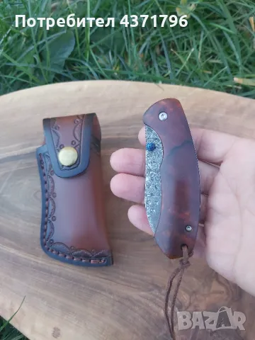 Японски сгъваем ловен нож DAMASKUS X10 с калъф от телешки бланк, снимка 10 - Ножове - 49188088