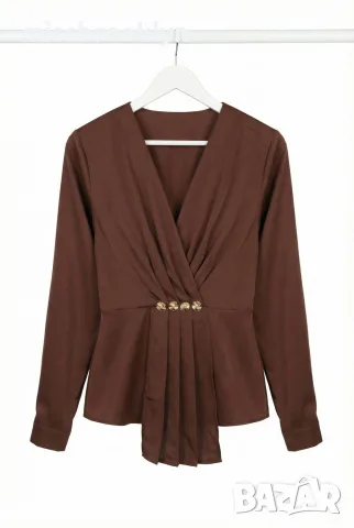 Блуза “Chocolate Elegance” – кафява блуза с прехлупване и златни копчета арт.5074, снимка 4 - Блузи с дълъг ръкав и пуловери - 55821764