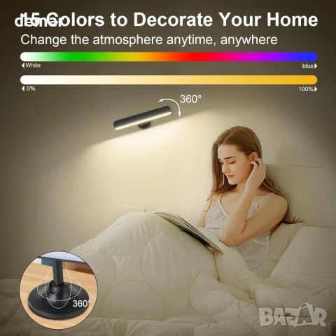 Speclux LED стенна лампа с батерия 7500mAh, 15 RGB цвята, въртене на 360°, (1 брой, черна), снимка 4 - Лед осветление - 51418641