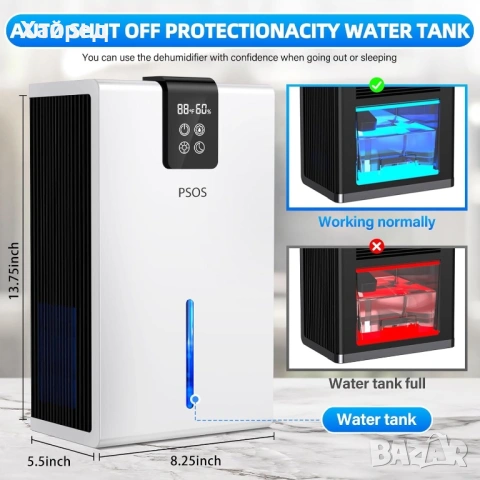 Нов Влагоуловител PSOS, 2.8L, сензорен екран, детекция на влажност и температура, бял, 210x150x360mm, снимка 4 - Влагоабсорбатори и влагоуловители - 54017323