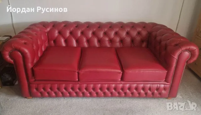 Оригинален кожен Честърфийлд chesterfield диван тройка като нов