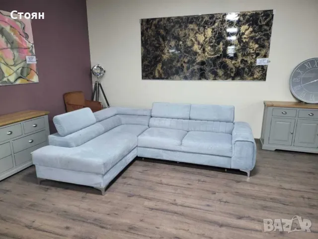 ПРОМОЦИЯ!!!Светло син ъглов диван от плат с функция сън и ракла